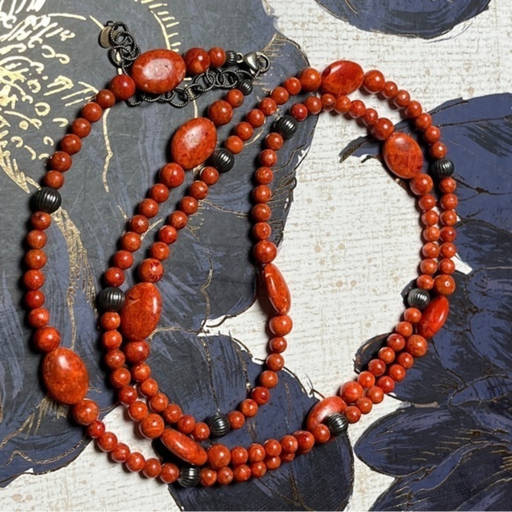 Vintage RELIOS 925 Sterling Silver Red Jasper Long Beaded Stone Necklace